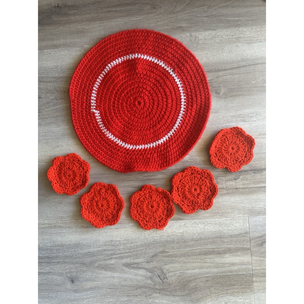 Vintage Red Crocheted Set Holiday  Coasters Placemat